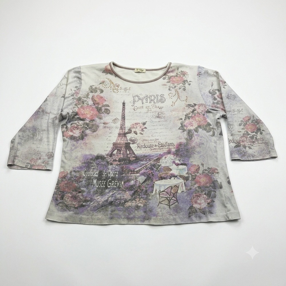 Cactus Womens XL Top Paris Eiffel Tower Floral Rhinestone Graphic T-Shirt Y2K